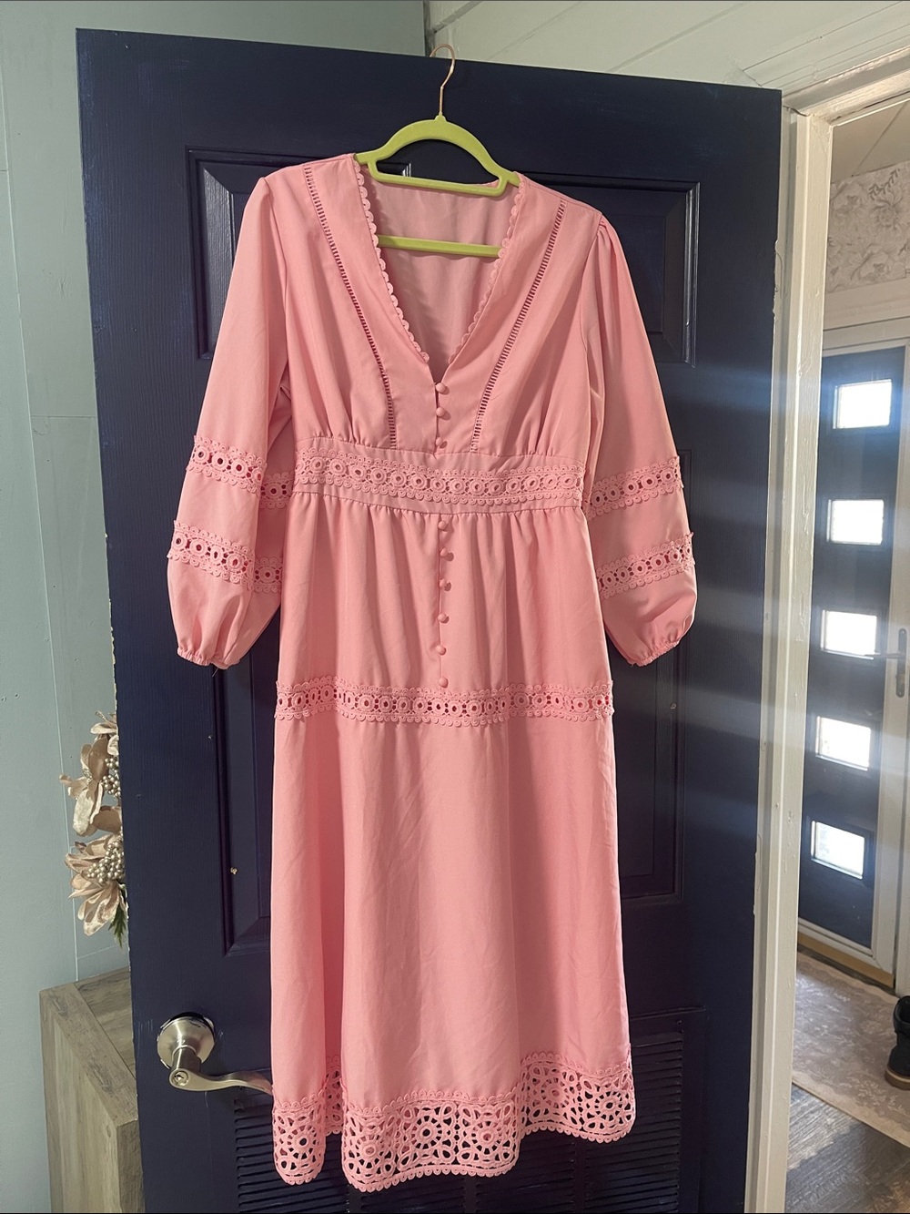Women's Pink Eyelet Midi Dress - Elegant V-Neck